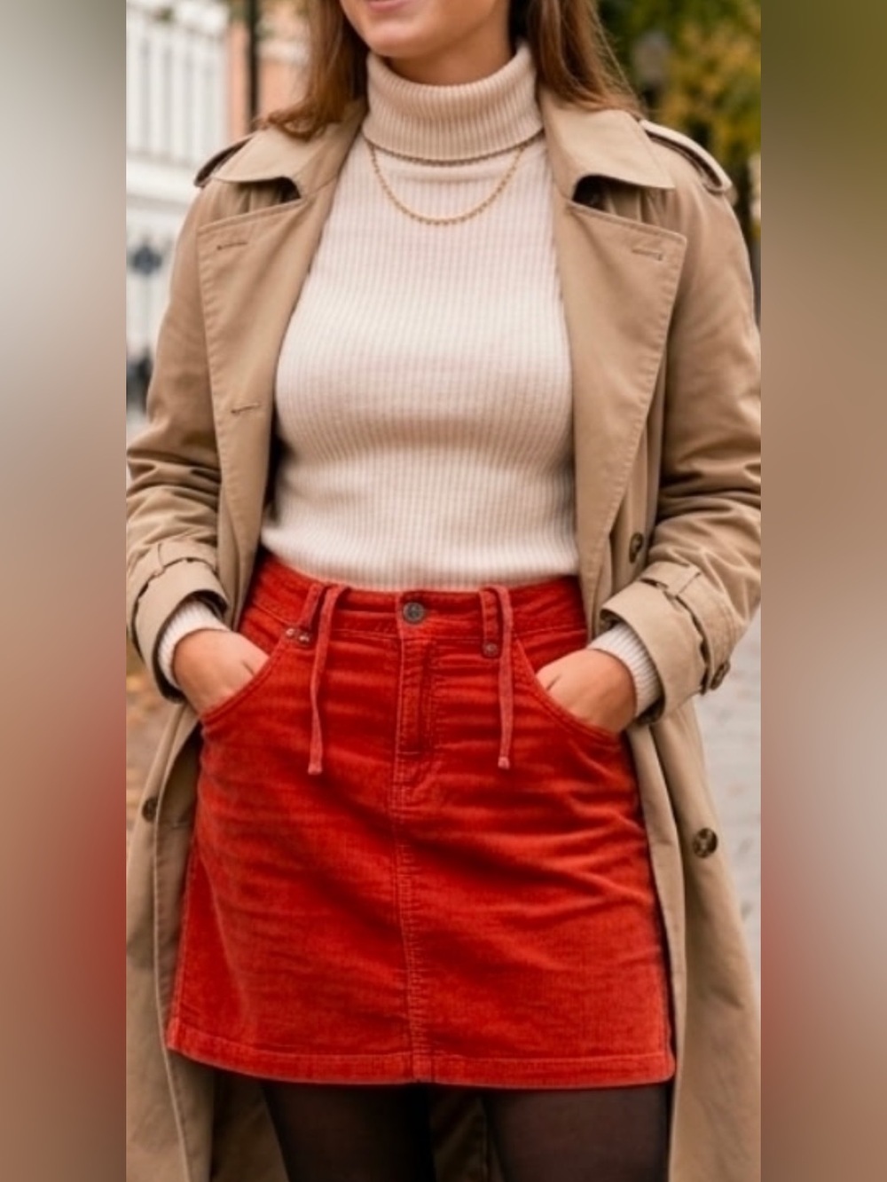 Athleta Orange-Red Corduroy Mini Skirt with Drawstring